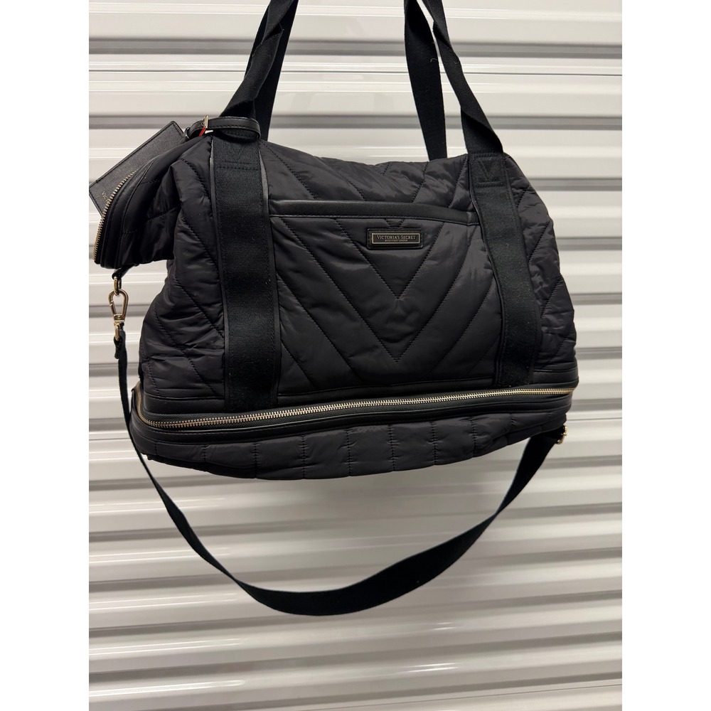 Victoria's Secret Black Quilted Nylon Duffle Weekend Travel Bag with Shoe Pocket